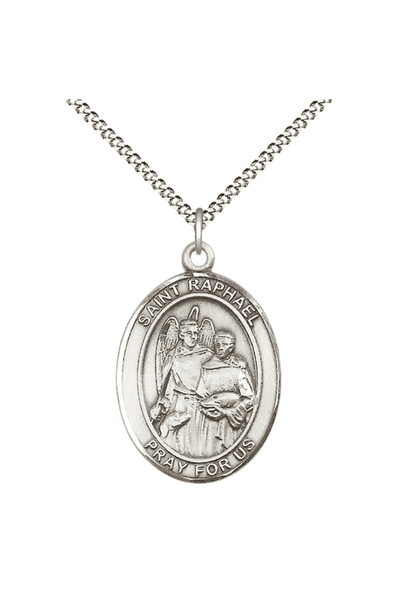 Pewter Patron St. Saint Raphael the Archangel Medal Pendant with 18" Rhodium Plated Lite Curb Brass Chain Catholic Religious Necklace - Made in USA,Deluxe Velvet Gift Box