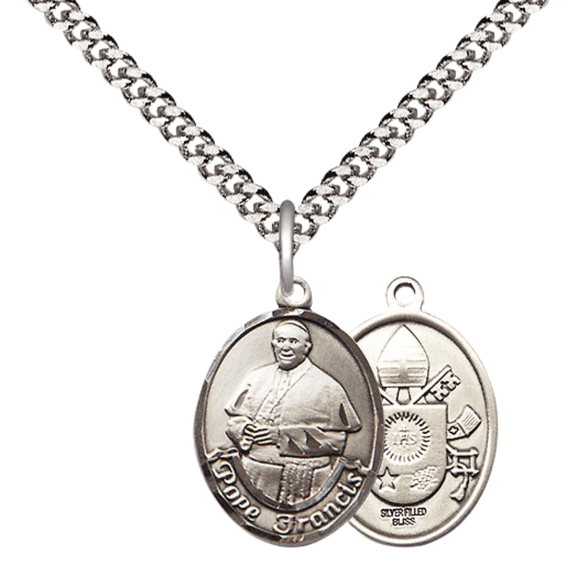 Pewter Pope Francis Medal Pendant 1 x 3/4" with 24" inchRhodium Plated Heavy Curb Chain Catholic Religious Necklace - Made in USA,Deluxe Velvet Gift Box