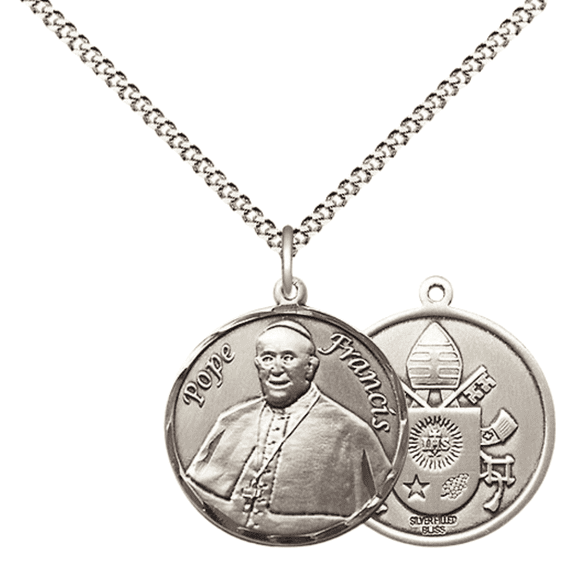Medium Pewter Pope Francis Medal Pendant on 18 Inch Rhodium Plated Lite Curb Brass Chain w/ Lobster Claw clasp, Made in USA - Deluxe Velvet Gift Box
