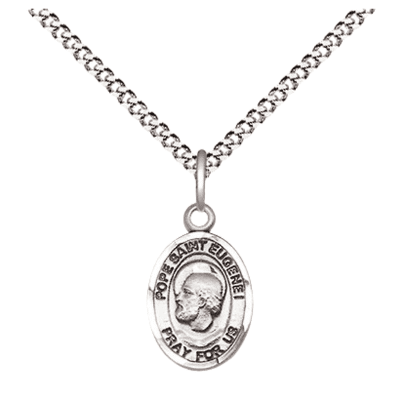 Small Pewter Pope Saint Eugene I Medal Pendant on 18 Inch Rhodium Plated Lite Curb Brass Chain with Lobster Claw Clasp, Catholic Religious Necklace - Made in USA- Velvet Gift Box
