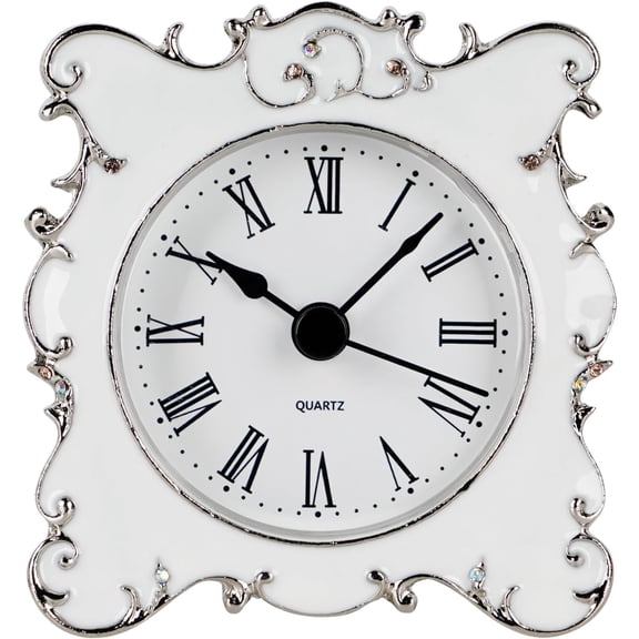 Pewter Pretty Small and Cute Vintage Table Clock with Quartz Analog Crystal Rhinestone 3 Inch for Living Room Bathroom Decoration, White Enamel