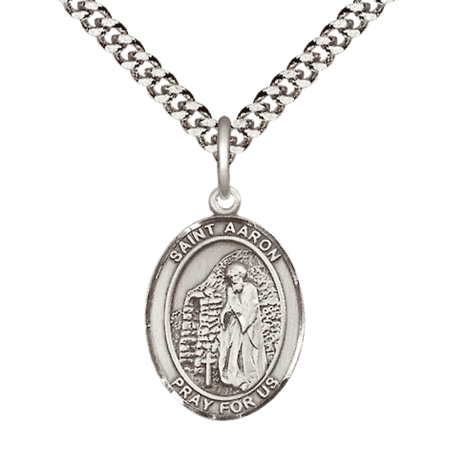 Pewter Saint Aaron Medal Pendant on 24 Inch Endless Rhodium Plated Heavy Curb Brass Chain, Catholic Religious Necklace -Made in USA- Deluxe Velvet Gift Box