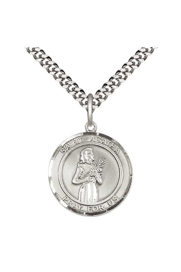 Pewter Saint Agatha Medal Pendant on 24 Inch Endless Rhodium Plated Heavy Curb Brass Chain, Catholic Religious Necklace -Made in USA- Deluxe Velvet Gift Box