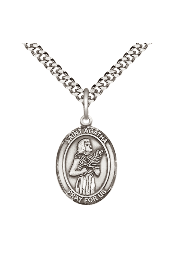 Pewter Saint Agatha Medal Pendant on 24 Inch Endless Rhodium Plated Heavy Curb Brass Chain, Catholic Religious Necklace - Made in USA- Deluxe Velvet Gift Box