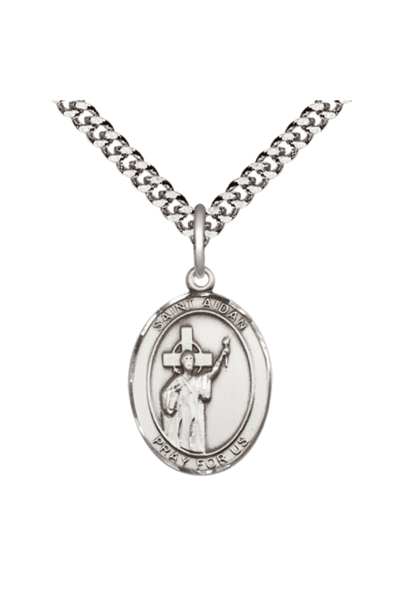 Pewter Saint Aidan of Lindesfarne Medal Pendant on 24 Inch Endless Rhodium Plated Heavy Curb Brass Chain, Catholic Religious Necklace -Made in USA- Deluxe Velvet Gift Box