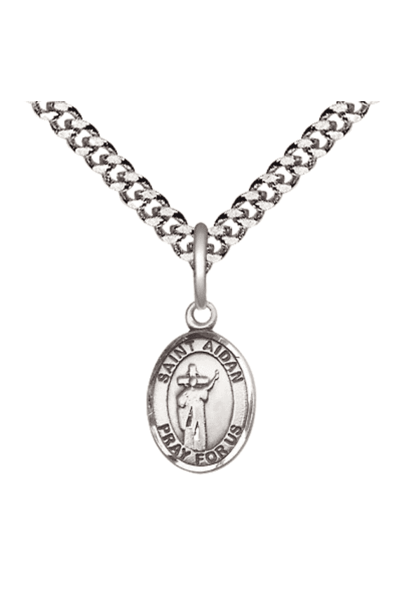 Pewter Saint Aidan of Lindesfarne Medal Pendant on 24 Inch Endless Rhodium Plated Heavy Curb Brass Chain, Catholic Religious Necklace -Made in USA- Deluxe Velvet Gift Box