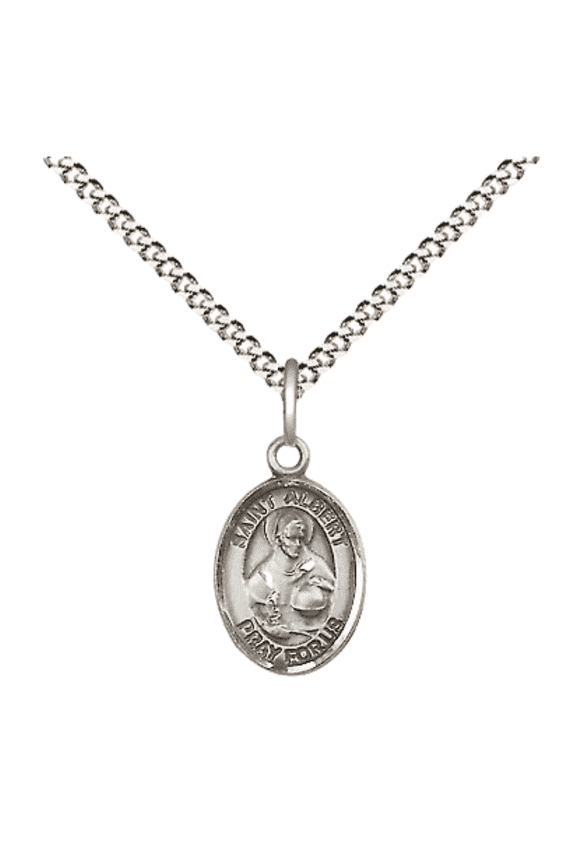 Pewter Saint Albert the Great Medal Pendant on 18 Inch Rhodium Plated Lite Curb Brass Chain with Lobster Claw Clasp, Catholic Religious Necklace - Made in USA- Velvet Gift Box