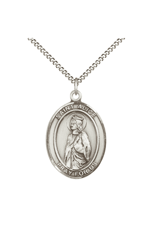 Pewter Saint Alice Medal Pendant on 18 Inch Rhodium Plated Lite Curb Brass Chain with Lobster Claw Clasp,Catholic Religious Necklace -Made in USA- Deluxe Velvet Gift Box