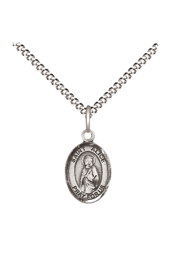 Small Pewter Saint Alice Medal Pendant on 18 Inch Rhodium Plated Lite Curb Brass Chain with Lobster Claw Clasp, Catholic Religious Necklace - Made in USA- Velvet Gift Box