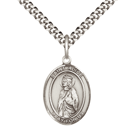 Pewter Saint Alice Medal Pendant on 24 Inch Endless Rhodium Plated Heavy Curb Brass Chain, Catholic Religious Necklace -Made in USA- Deluxe Velvet Gift Box