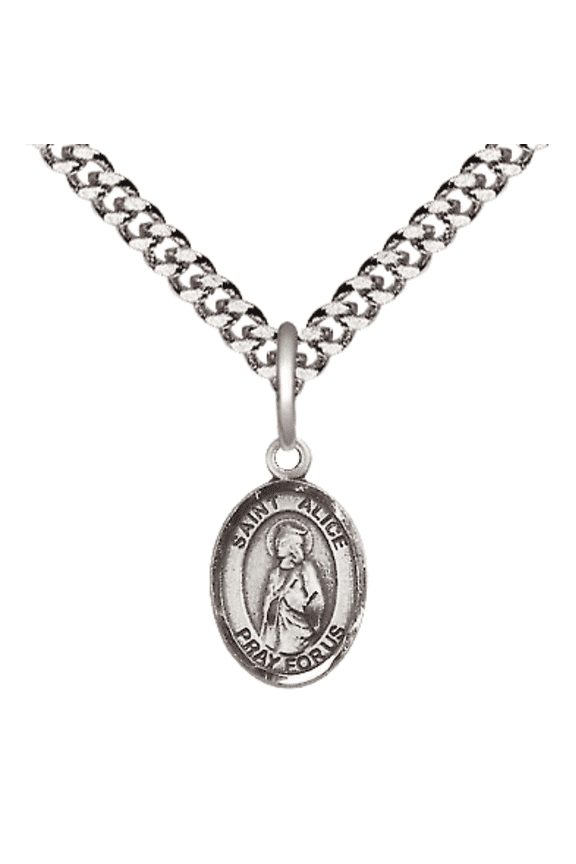 Pewter Saint Alice Medal Pendant on 24 Inch Endless Rhodium Plated Heavy Curb Brass Chain, Catholic Religious Necklace -Made in USA- Deluxe Velvet Gift Box