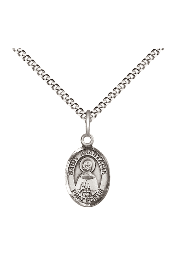 Pewter Saint Anastasia Medal Pendant on 18 Inch Rhodium Plated Lite Curb Brass Chain with Lobster Claw Clasp, Catholic Religious Necklace - Made in USA- Velvet Gift Box