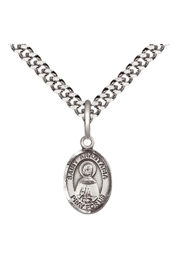 Pewter Saint Anastasia Medal Pendant on 24 Inch Endless Rhodium Plated Heavy Curb Brass Chain, Catholic Religious Necklace -Made in USA- Deluxe Velvet Gift Box
