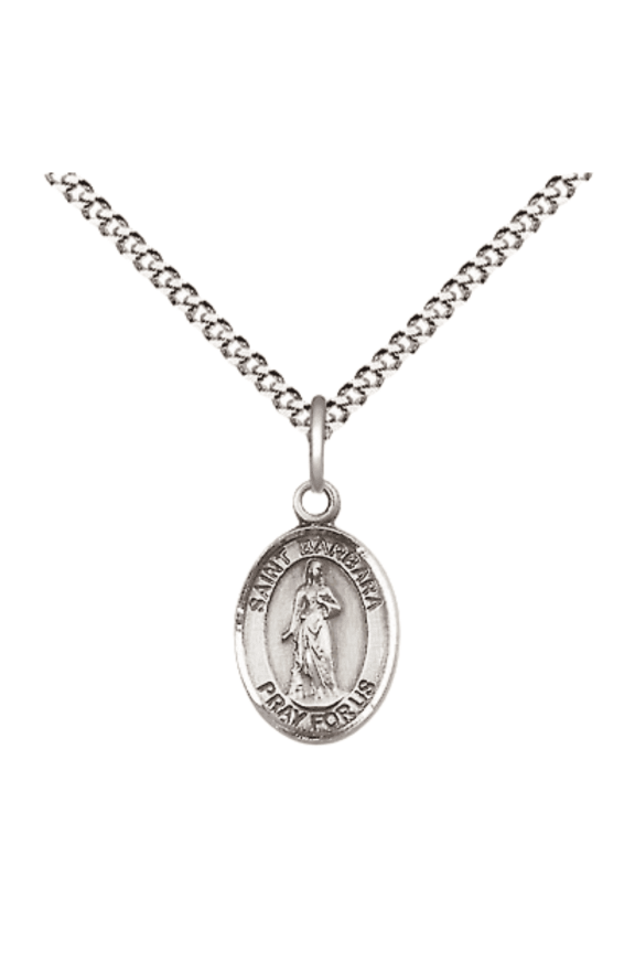 Pewter Saint Barbara Medal Pendant on 18 Inch Rhodium Plated Lite Curb Brass Chain with Lobster Claw Clasp, Catholic Religious Necklace - Made in USA- Velvet Gift Box
