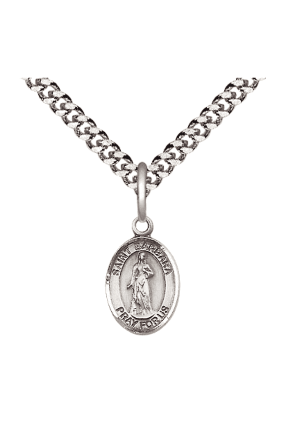 Pewter Saint Barbara Medal Pendant on 24 Inch Endless Rhodium Plated Heavy Curb Brass Chain, Catholic Religious Necklace -Made in USA- Deluxe Velvet Gift Box