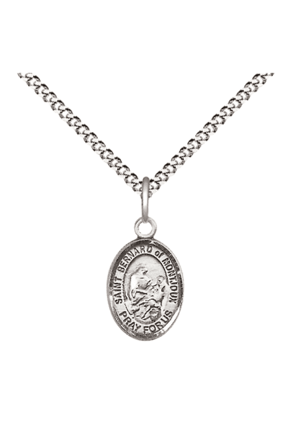 Pewter Saint Bernard of Montjoux Medal Pendant on 18 Inch Rhodium Plated Lite Curb Brass Chain with Lobster Claw Clasp, Catholic Religious Necklace - Made in USA- Velvet Gift Box