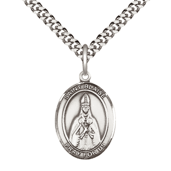 Pewter Saint Blaise Medal Pendant on 24 Inch Endless Rhodium Plated Heavy Curb Brass Chain, Catholic Religious Necklace -Made in USA- Deluxe Velvet Gift Box