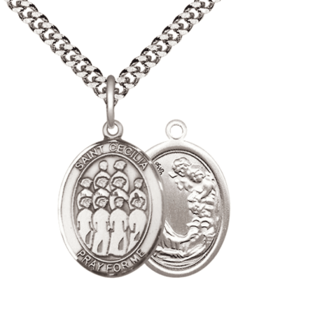 Pewter Saint Cecilia Choir Medal Pendant on 24 Inch Endless Rhodium Plated Heavy Curb Brass Chain, Catholic Religious Necklace -Made in USA- Deluxe Velvet Gift Box