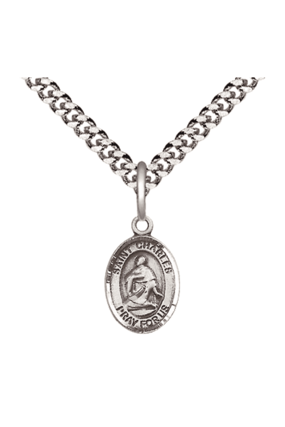 Pewter Saint Charles Borromeo Medal Pendant on 24 Inch Endless Rhodium Plated Heavy Curb Brass Chain, Catholic Religious Necklace -Made in USA- Deluxe Velvet Gift Box