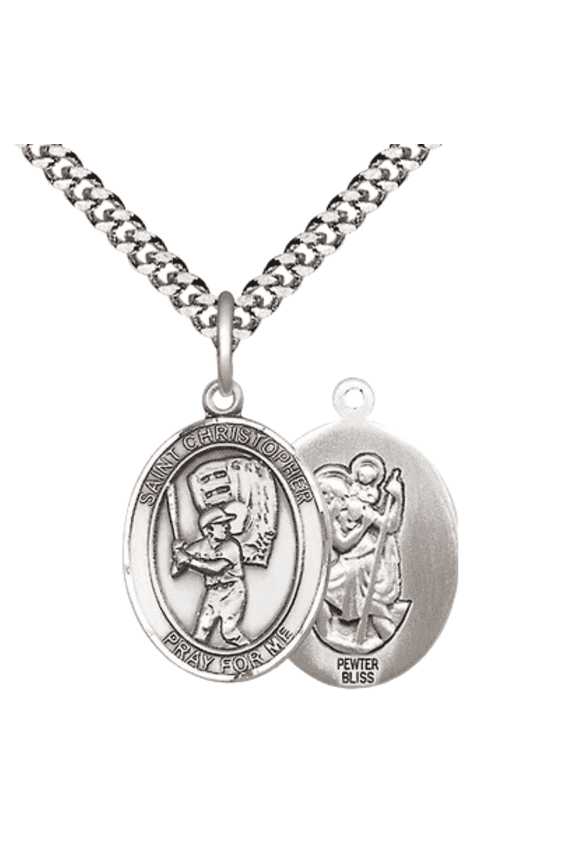 Pewter Saint Christopher Baseball Medal Pendant on 24 Inch Endless Rhodium Plated Heavy Curb Brass Chain, Catholic Religious Necklace -Made in USA- Deluxe Velvet Gift Box