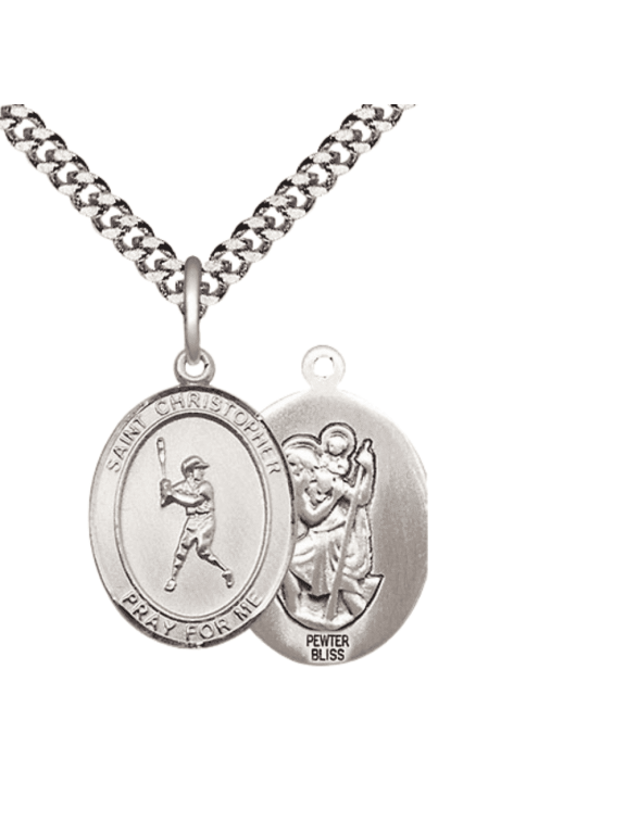 Pewter Saint Christopher Baseball Medal Pendant on 24 Inch Endless Rhodium Plated Heavy Curb Brass Chain, Catholic Religious Necklace -Made in USA- Deluxe Velvet Gift Box