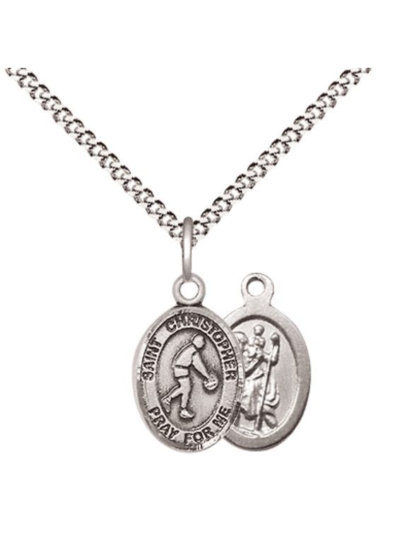 Small Pewter Saint Christopher Basketball Medal Pendant on 18 Inch Rhodium Plated Lite Curb Brass Chain with Lobster Claw Clasp, Catholic Religious Necklace - Made in USA- Velvet Gift Box