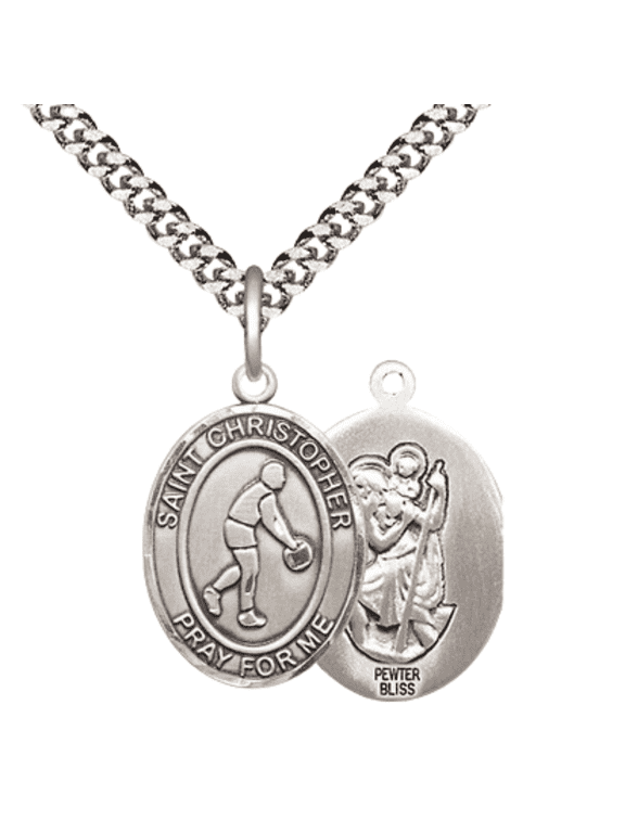 Pewter Saint Christopher Basketball Medal Pendant on 24 Inch Endless Rhodium Plated Heavy Curb Brass Chain, Catholic Religious Necklace -Made in USA- Deluxe Velvet Gift Box
