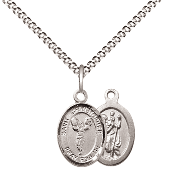 Small Pewter Saint Christopher Cheerleading Medal Pendant on 18 Inch Rhodium Plated Lite Curb Brass Chain with Lobster Claw Clasp, Catholic Religious Necklace - Made in USA- Velvet Gift Box