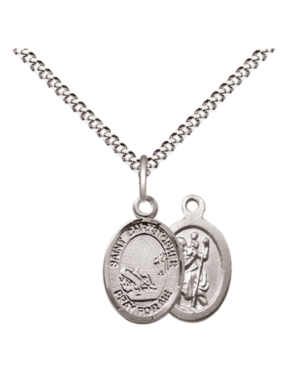 Pewter Saint Christopher Fishing Medal Pendant on 18 Inch Rhodium Plated Lite Curb Brass Chain with Lobster Claw Clasp, Catholic Religious Necklace - Made in USA- Velvet Gift Box