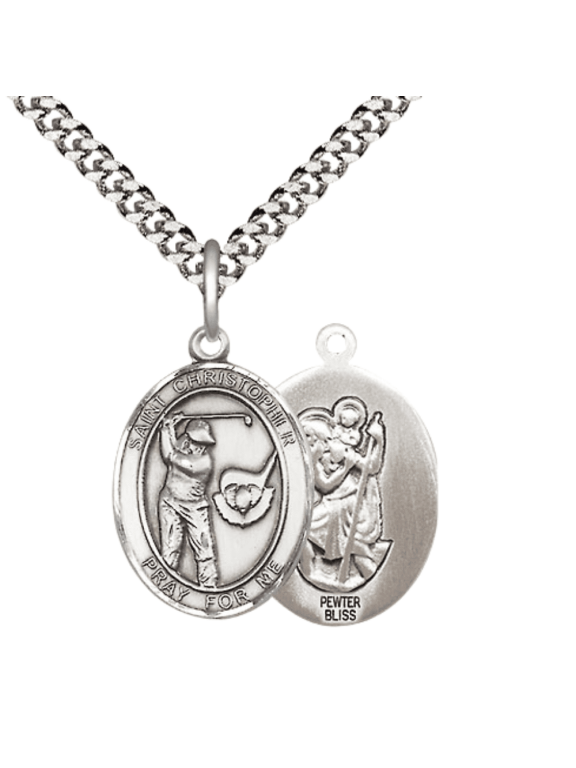 Pewter Saint Christopher Golf Medal Pendant on 24 Inch Endless Rhodium Plated Heavy Curb Brass Chain, Catholic Religious Necklace -Made in USA- Deluxe Velvet Gift Box