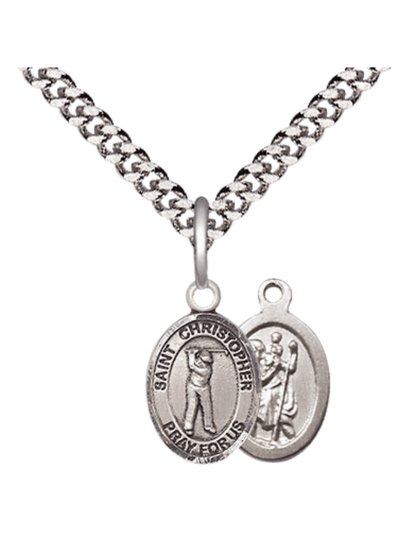 Pewter Saint Christopher Golf Medal Pendant on 24 Inch Endless Rhodium Plated Heavy Curb Brass Chain, Catholic Religious Necklace -Made in USA- Deluxe Velvet Gift Box