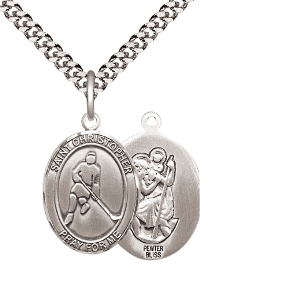 Medium Pewter Saint Christopher Ice Hockey Medal Pendant on 24 Inch ...