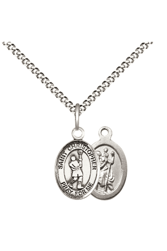 Pewter Saint Christopher Lacrosse Medal Pendant on 18 Inch Rhodium Plated Lite Curb Brass Chain with Lobster Claw Clasp, Catholic Religious Necklace - Made in USA- Velvet Gift Box