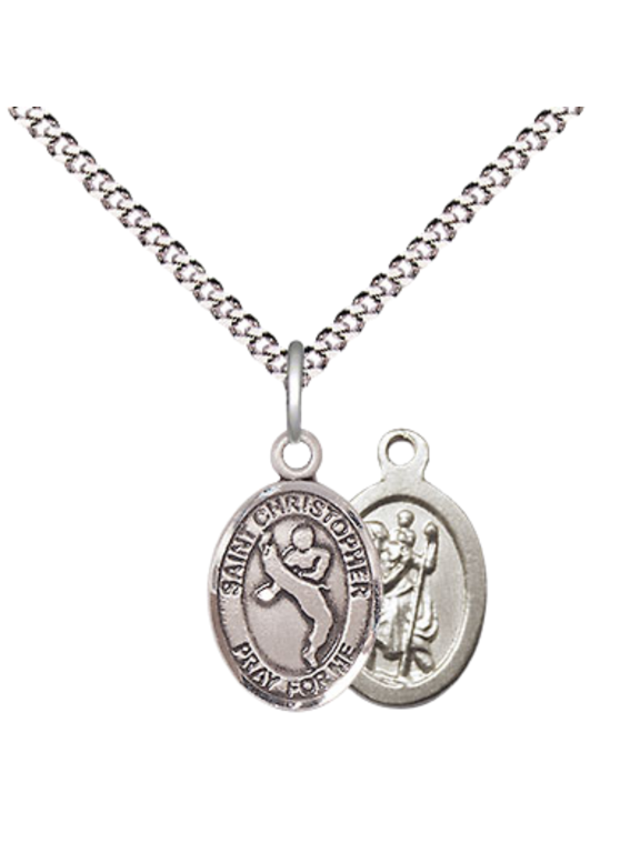 Small Pewter Saint Christopher Martial Arts Medal Pendant on 18 Inch Rhodium Plated Lite Curb Brass Chain with Lobster Claw Clasp, Catholic Religious Necklace - Made in USA- Velvet Gift Box