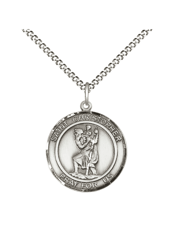 Pewter Saint Christopher Medal Pendant on 18 Inch Rhodium Plated Lite Curb Brass Chain w/ Lobster Claw clasp, Catholic Religious Necklace - Made in USA - Deluxe Velvet Gift Box