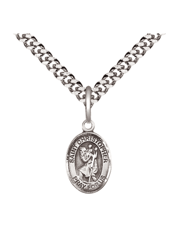 Pewter Saint Christopher Medal Pendant on 24 Inch Endless Rhodium Plated Heavy Curb Brass Chain, Catholic Religious Necklace -Made in USA- Deluxe Velvet Gift Box