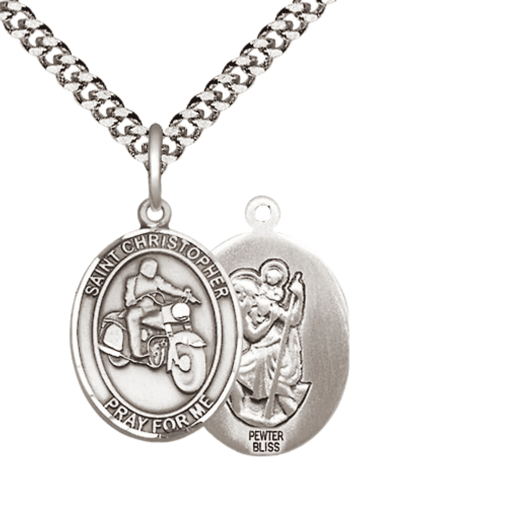Medium Pewter Saint Christopher Motorcycle Medal Pendant on 24 Inch ...