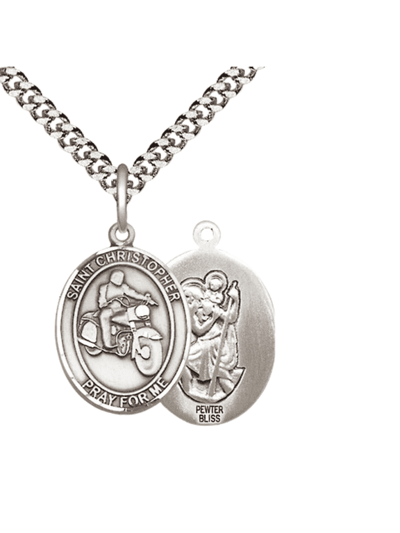 Medium Pewter Saint Christopher Motorcycle Medal Pendant on 24 Inch Endless Rhodium Plated Heavy Curb Brass Chain, Catholic Religious Necklace -Made in USA- Deluxe Velvet Gift Box