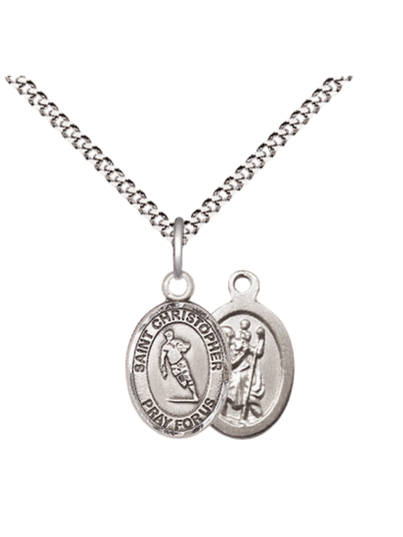 Pewter Saint Christopher Rugby Medal Pendant on 18 Inch Rhodium Plated Lite Curb Brass Chain with Lobster Claw Clasp, Catholic Religious Necklace - Made in USA- Velvet Gift Box
