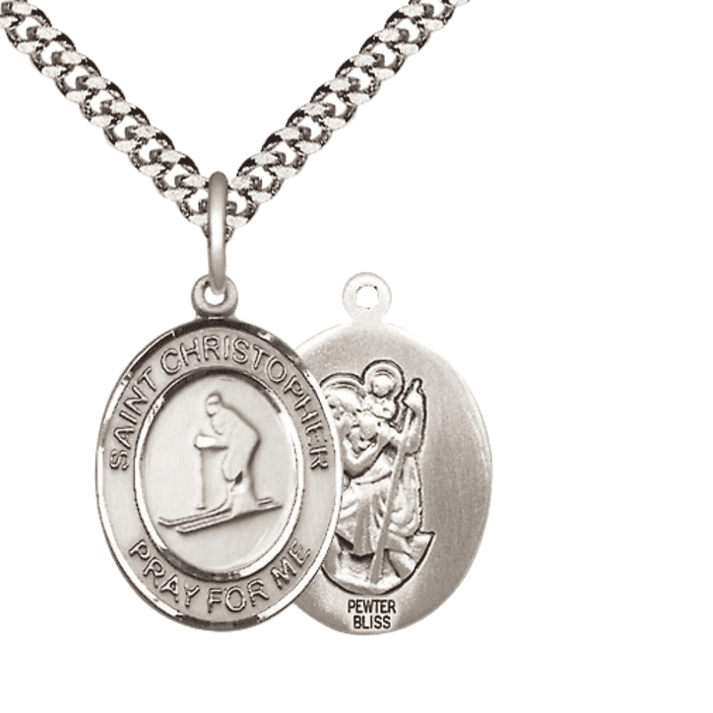 Pewter Saint Christopher Skiing Medal Pendant on 24 Inch Endless ...