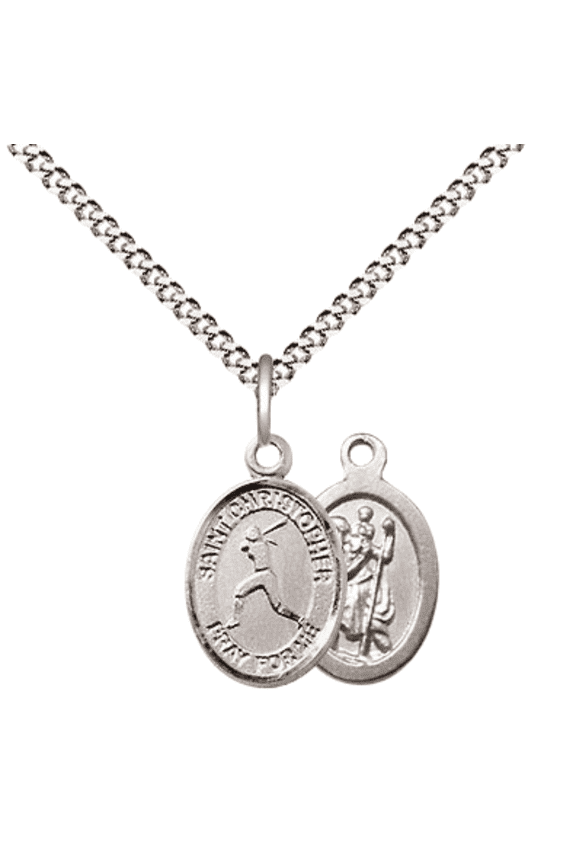 Pewter Saint Christopher Softball Medal Pendant on 18 Inch Rhodium Plated Lite Curb Brass Chain with Lobster Claw Clasp, Catholic Religious Necklace - Made in USA- Velvet Gift Box
