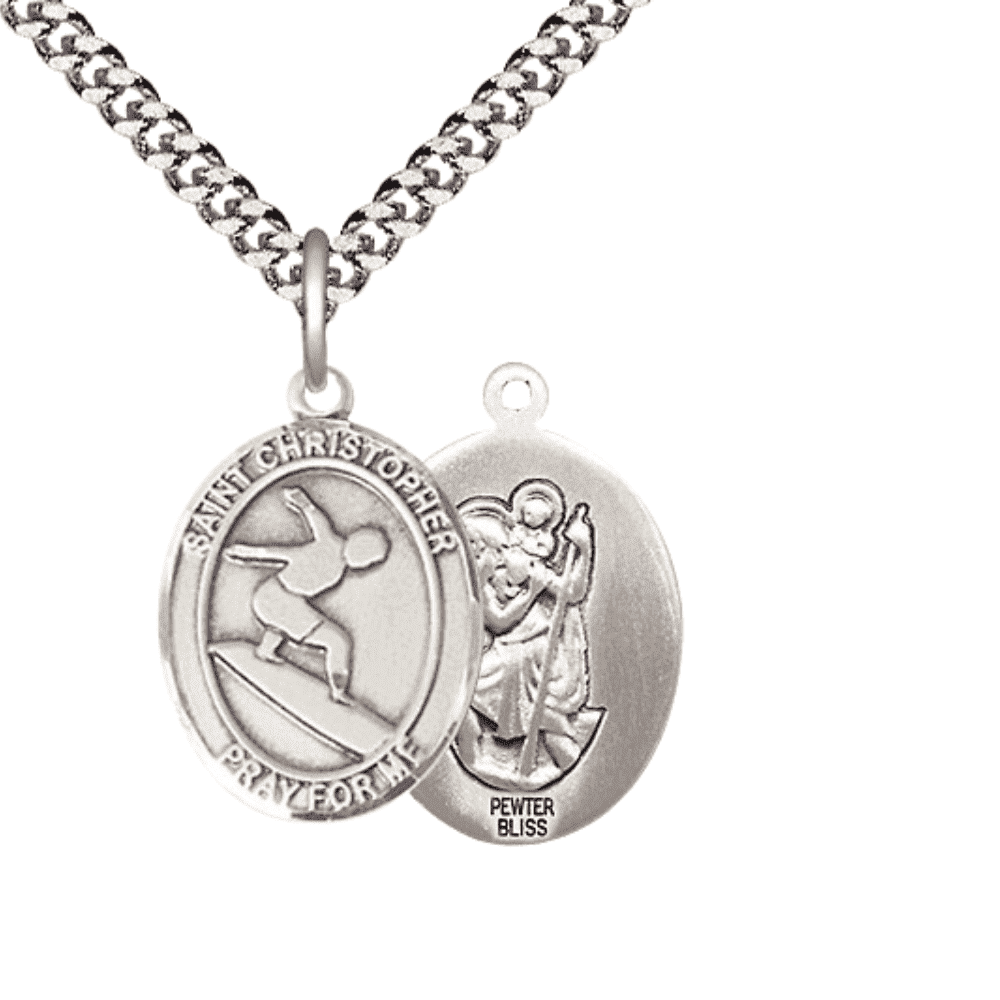 Pewter Saint Christopher Surfing Medal Pendant on 24 Inch Endless ...
