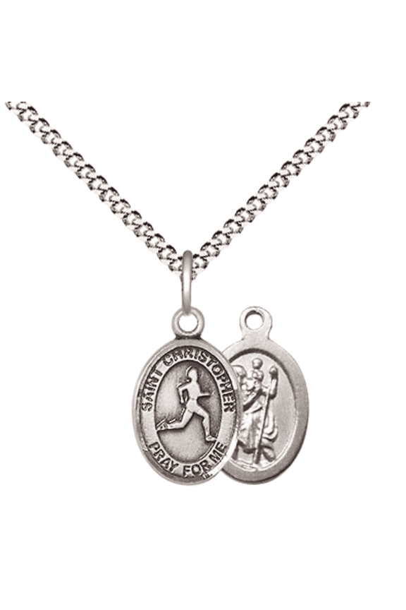 Pewter Saint Christopher Track&Field Medal Pendant on 18 Inch Rhodium Plated Lite Curb Brass Chain with Lobster Claw Clasp, Catholic Religious Necklace - Made in USA- Velvet Gift Box
