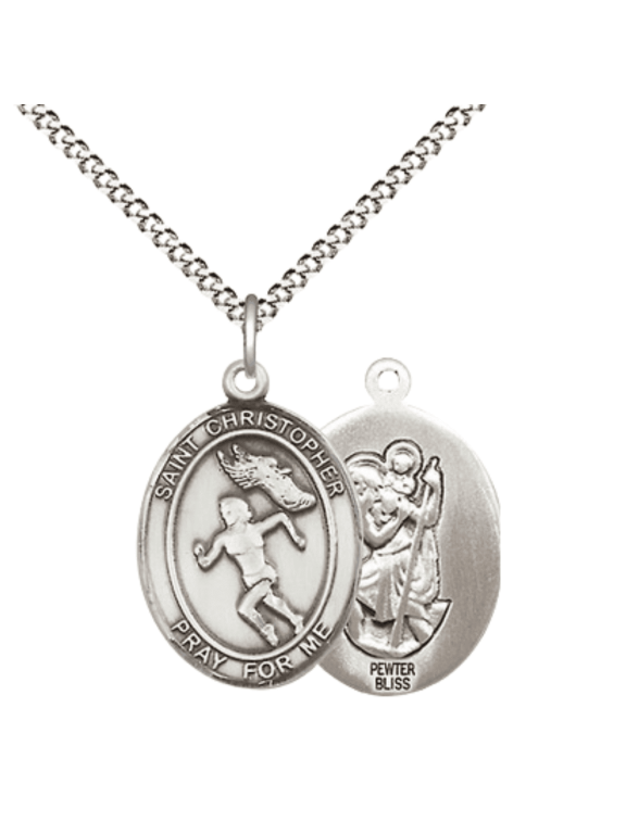 Pewter Saint Christopher Track&Field Medal Pendant on 18 Inch Rhodium Plated Lite Curb Brass Chain w/ Lobster Claw clasp, Made in USA - Deluxe Velvet Gift Box