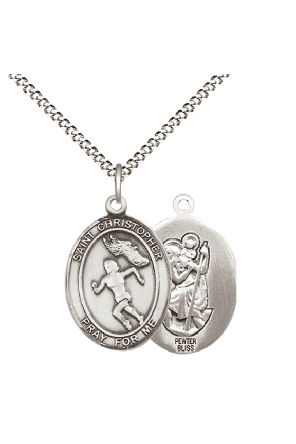 Pewter Saint Christopher Track&Field Medal Pendant on 18 Inch Rhodium Plated Lite Curb Brass Chain w/ Lobster Claw clasp, Made in USA - Deluxe Velvet Gift Box