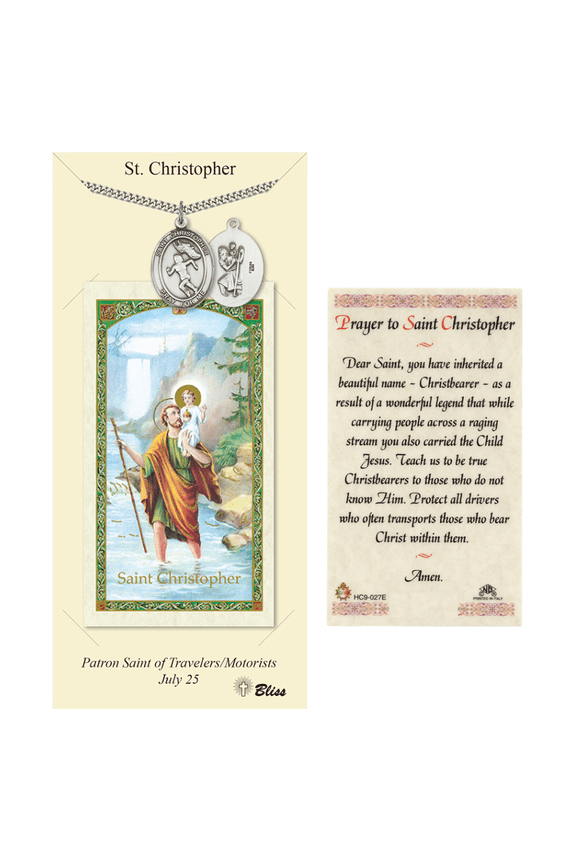 Pewter Saint Christopher/Track&Field Medal on a 24 inch Heavy Curb Chain with a Prayer to St Cristopher Prayer Card.