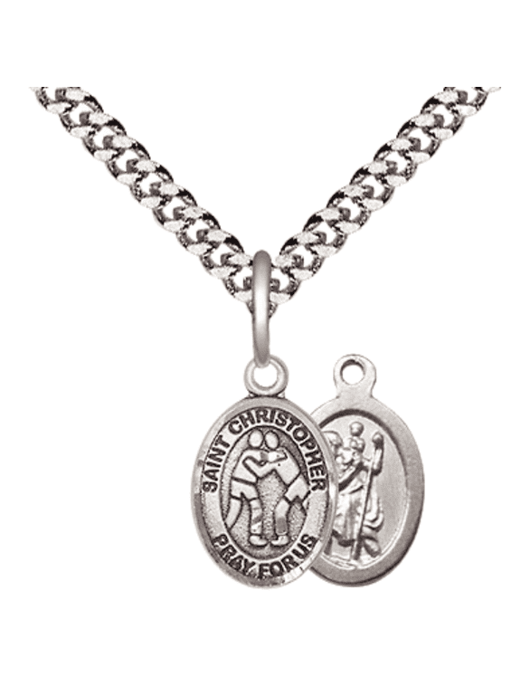Small Pewter Saint Christopher Wrestling Medal Pendant on 24 Inch Endless Rhodium Plated Heavy Curb Brass Chain, Catholic Religious Necklace -Made in USA- Deluxe Velvet Gift Box