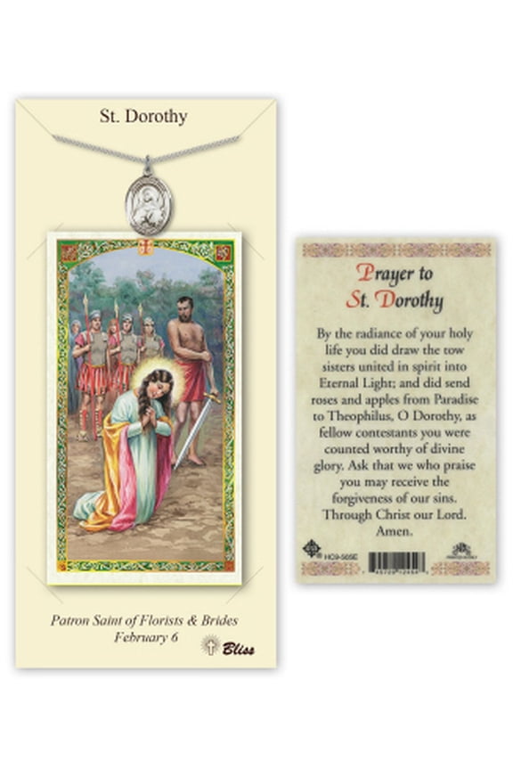 Pewter Saint Dorothy Medal on a 18 inch Lite Curb Chain with a Prayer to St. Dorothy Prayer Card.