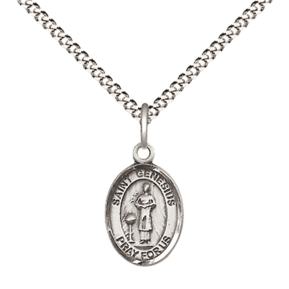 Pewter Saint Genesius of Rome Medal Pendant on 18 Inch Rhodium Plated Lite Curb Brass Chain with Lobster Claw Clasp, Catholic Religious Necklace - Made in USA- Velvet Gift Box