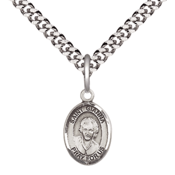 Pewter Saint Gianna Medal Pendant on 24 Inch Endless Rhodium Plated Heavy Curb Brass Chain, Catholic Religious Necklace -Made in USA- Deluxe Velvet Gift Box